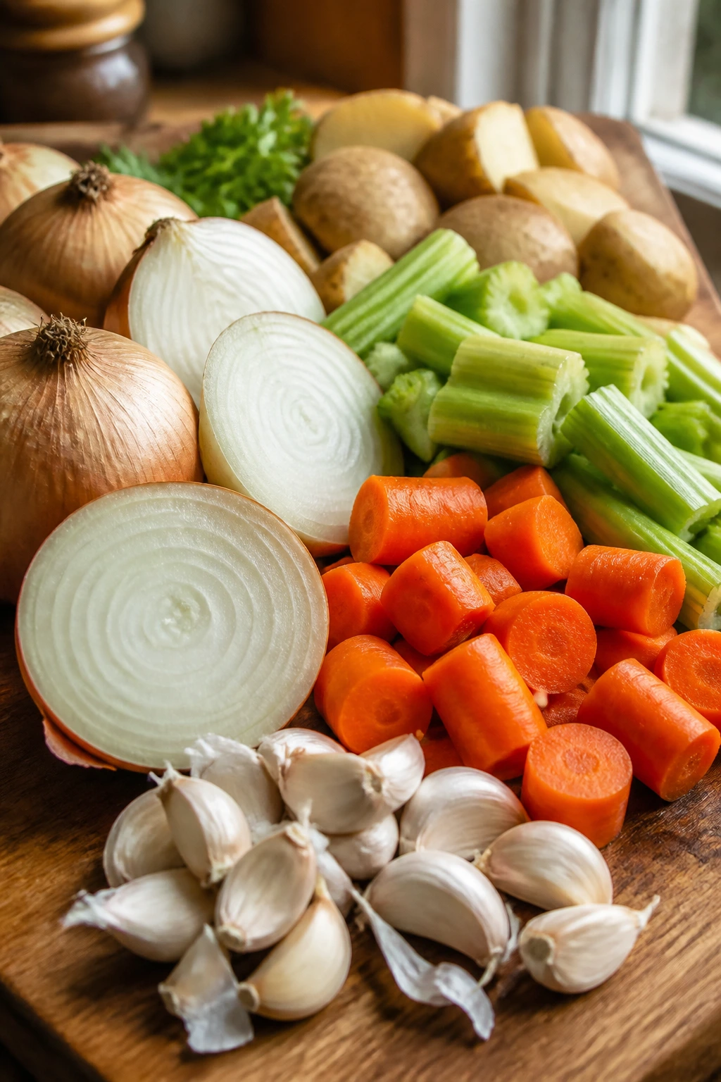 Raw onions, carrots, celery, potatoes, and garlic arranged on cutting board