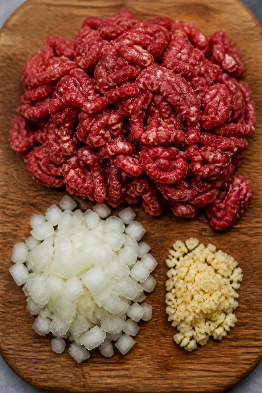 Top-down view of ground beef, onion, and garlic on a cutting board