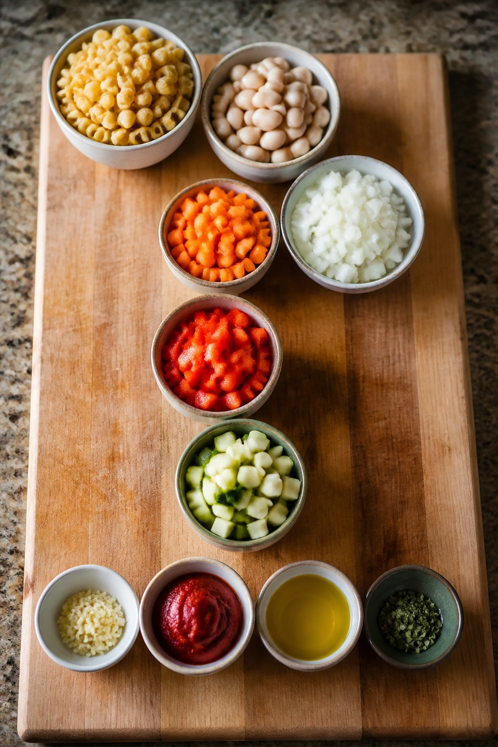 Top-down view of ingredient bowls arranged on a board