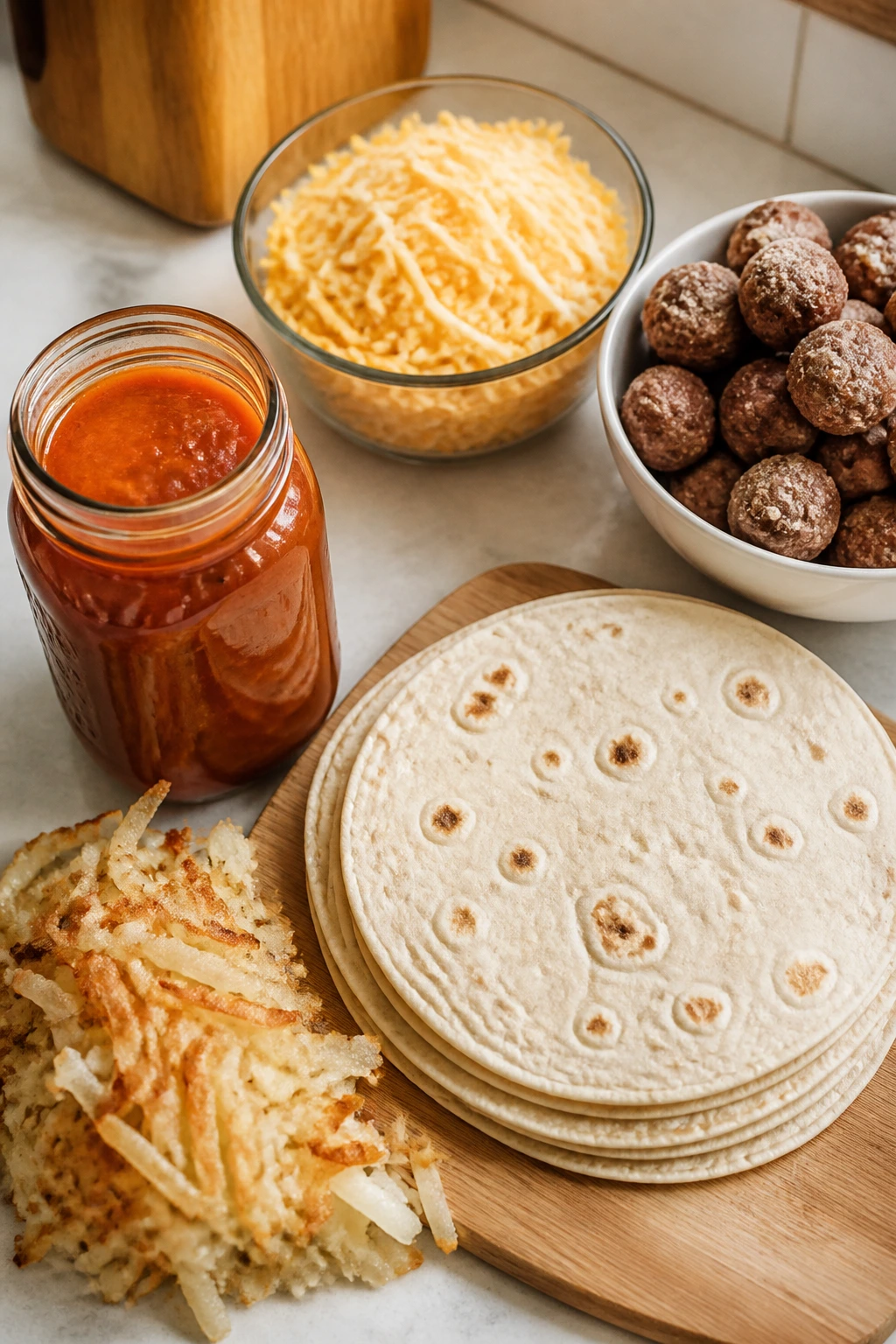 Countertop display of smart shopping ingredients: tortillas, sauce, cheese, meatballs, and hash browns