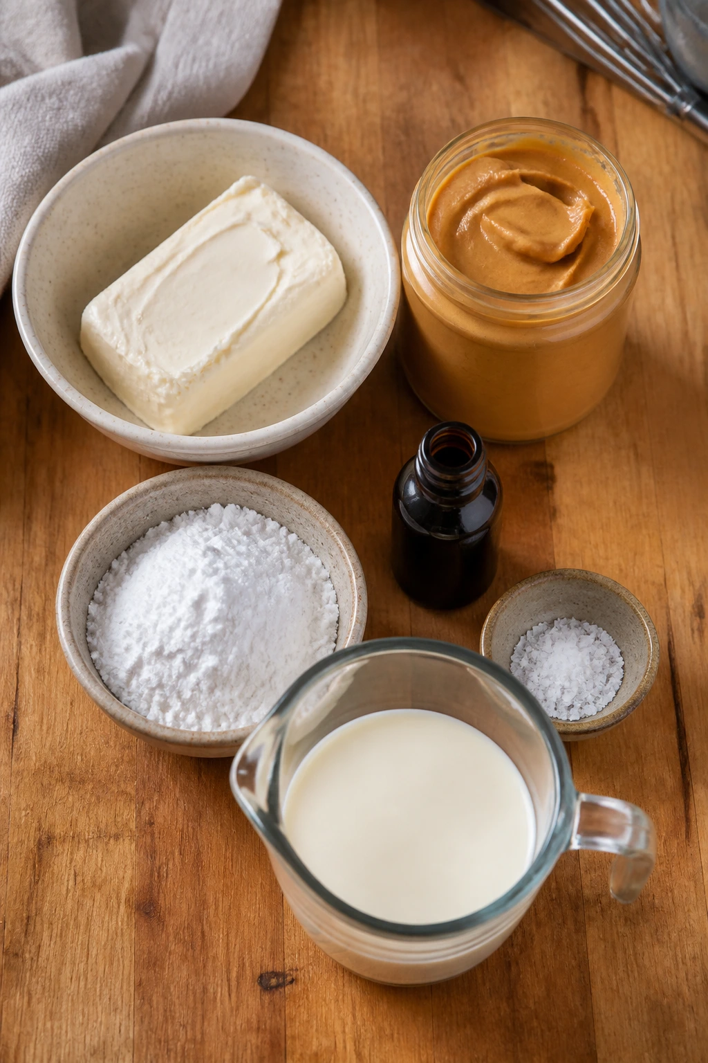Top-down view of ingredients for peanut butter mousse laid out on counter