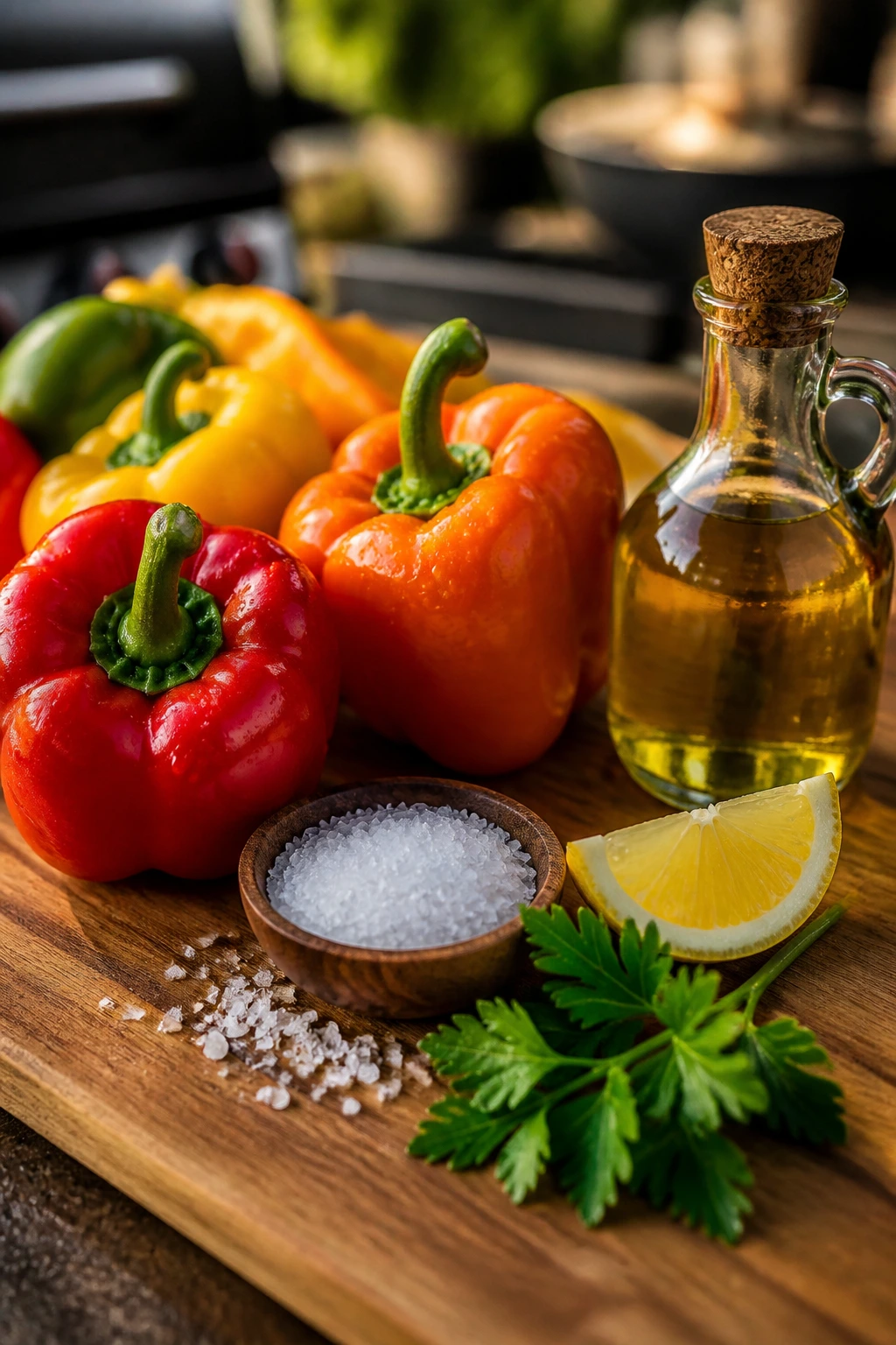 Peppers with olive oil and basic seasonings arranged on a board
