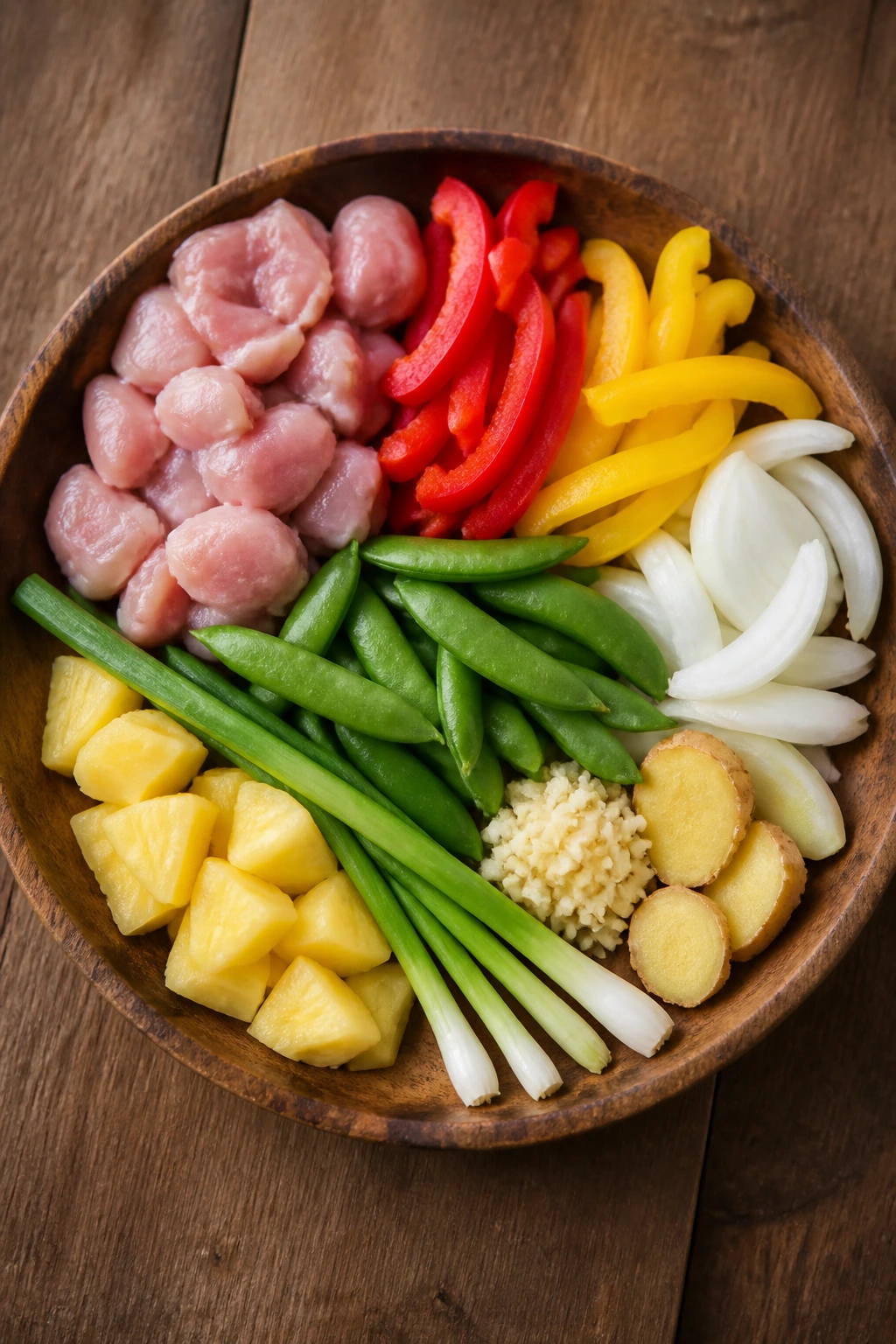 Top-down view of colorful stir-fry ingredients ready to be cooked