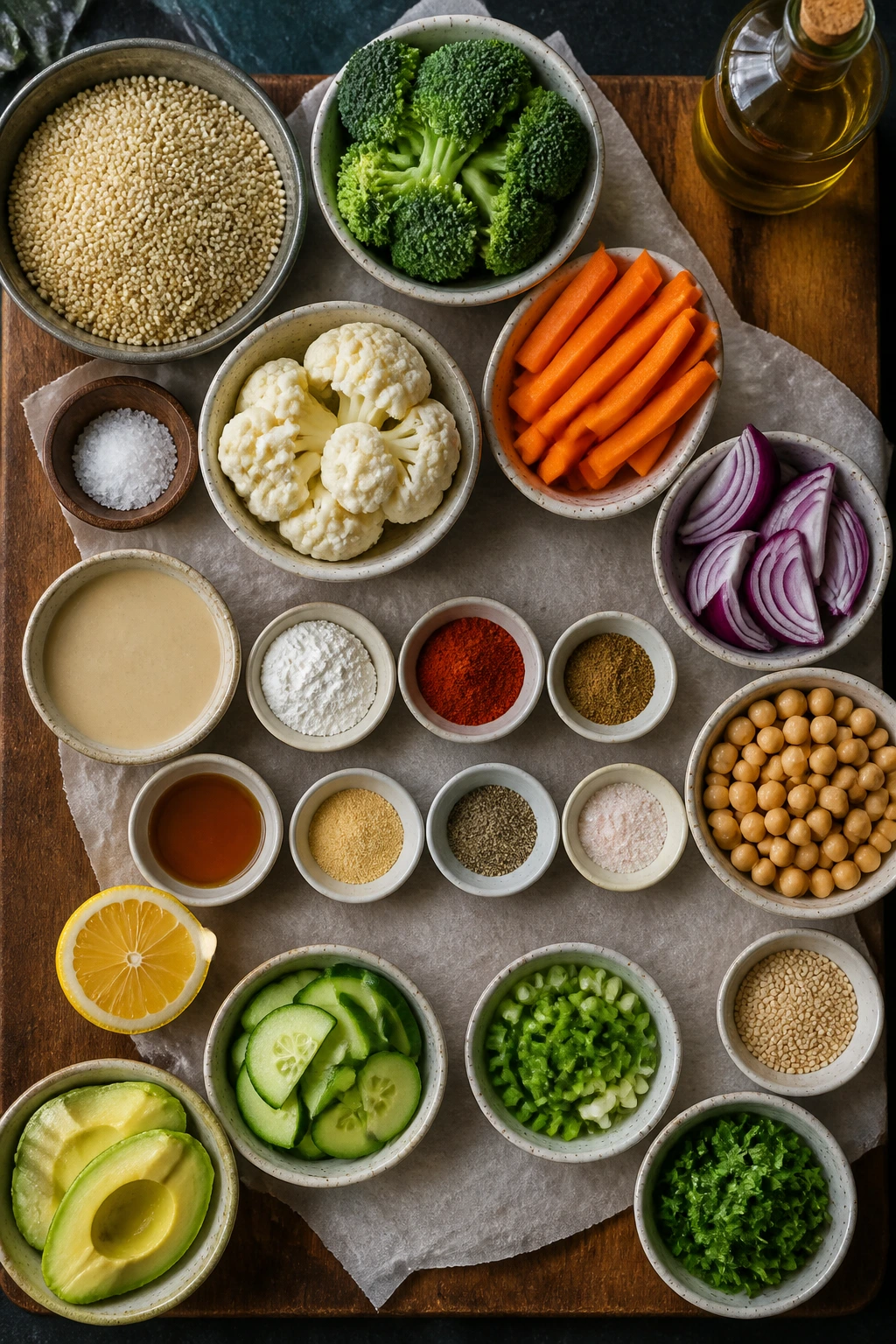 Top-down arrangement of quinoa, vegetables, and chickpeas for the bowl ingredients