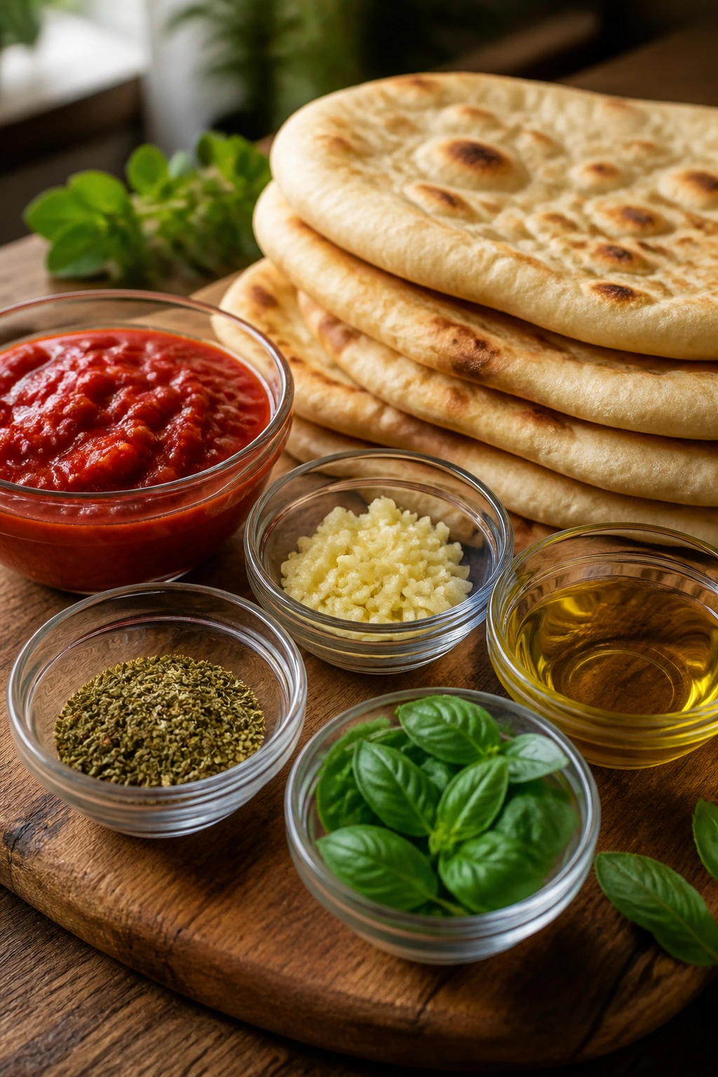 Close-up of sauce and bread ingredients for herbed naan pizza