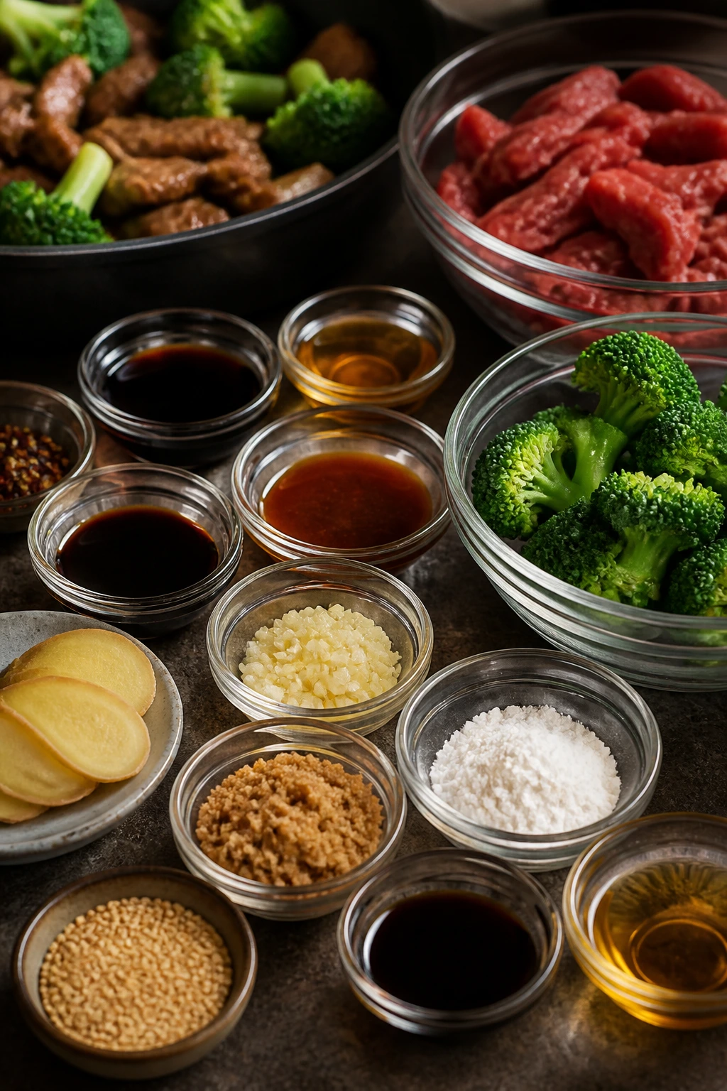 Assorted ingredients for sauce and stir-fry on kitchen counter