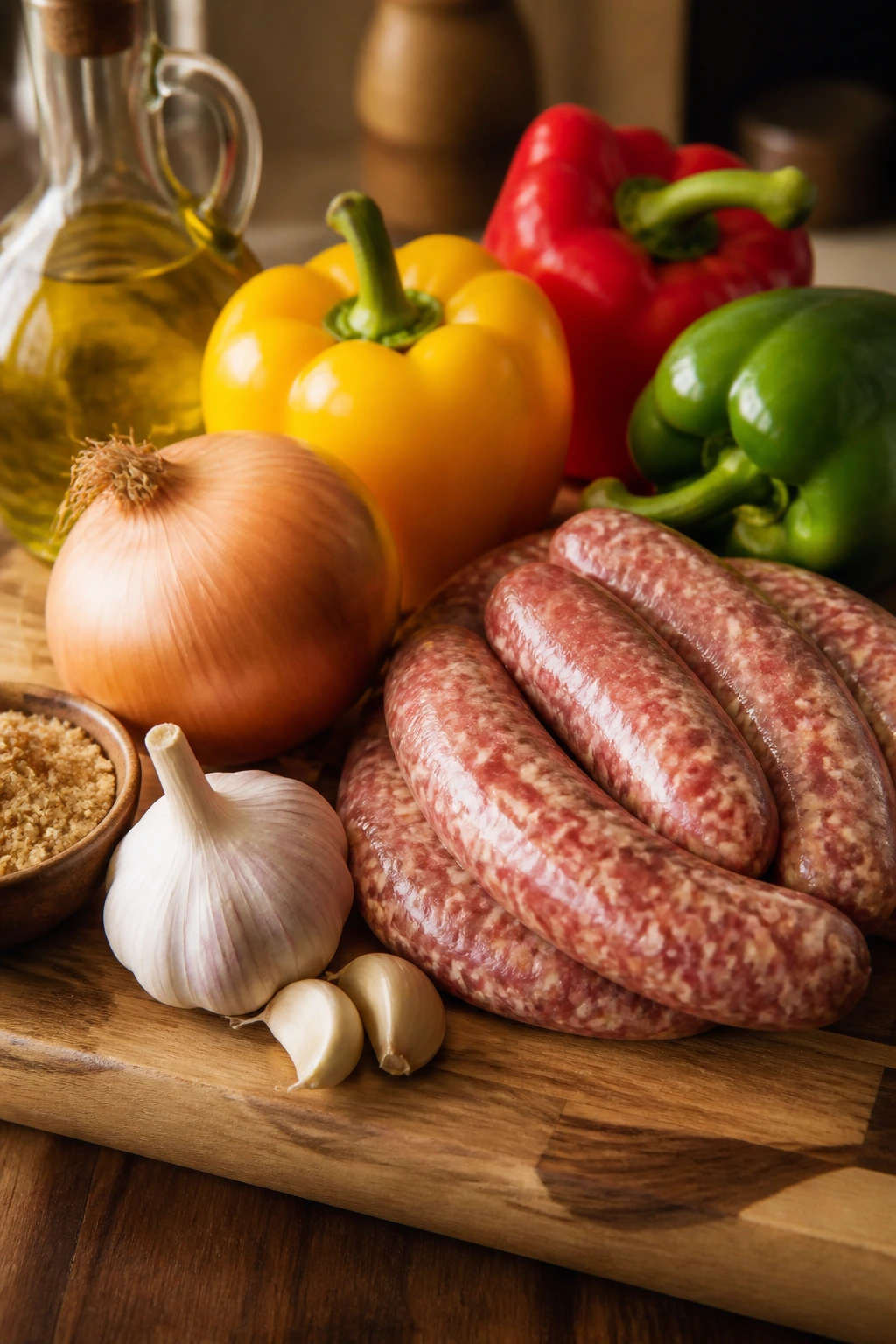 Raw ingredients for sausage and peppers on a cutting board