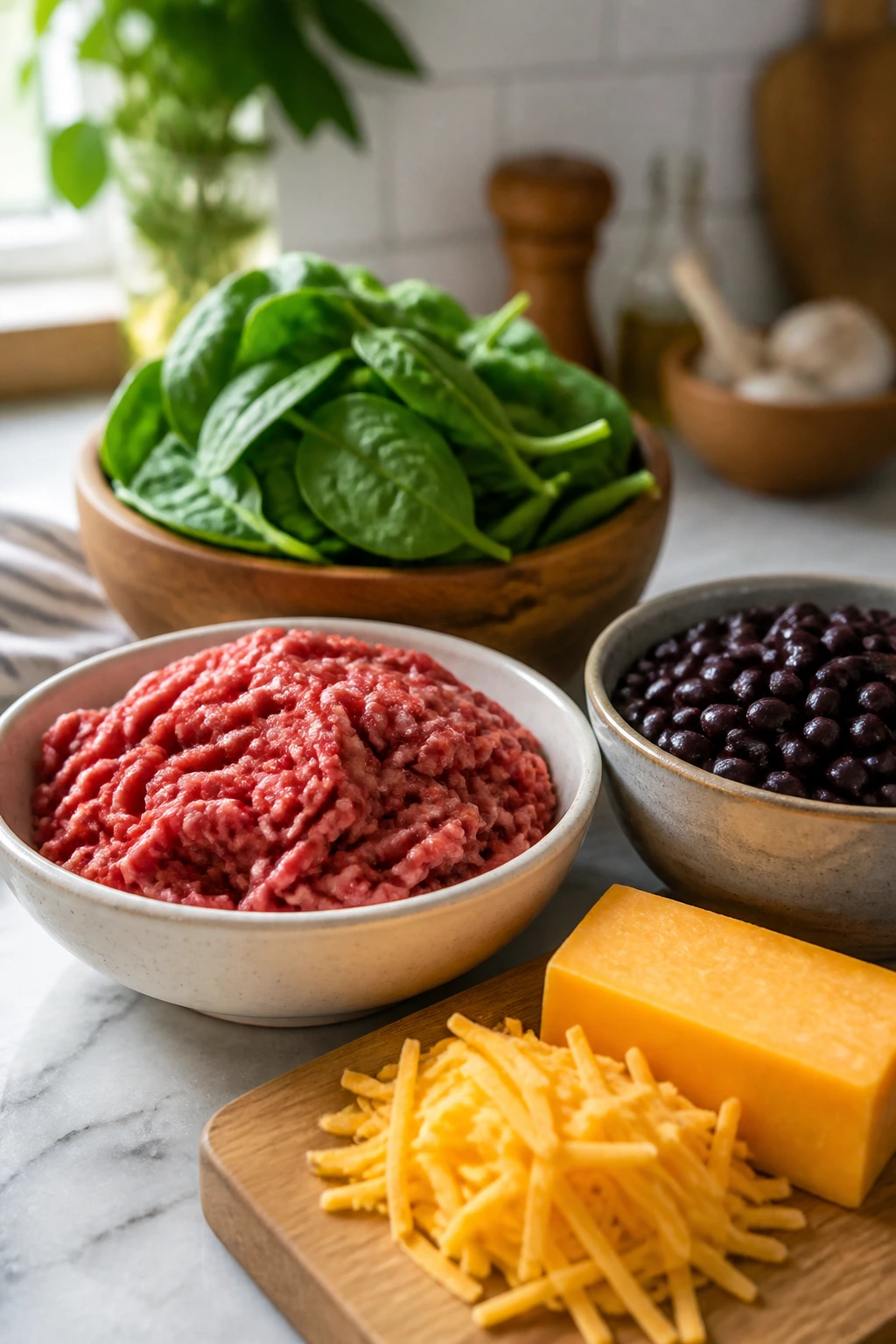 Fresh beef, cheese, beans, and spinach arranged on kitchen counter