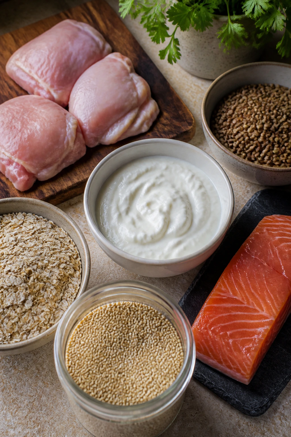 Curated protein and staple ingredients arranged on a kitchen counter