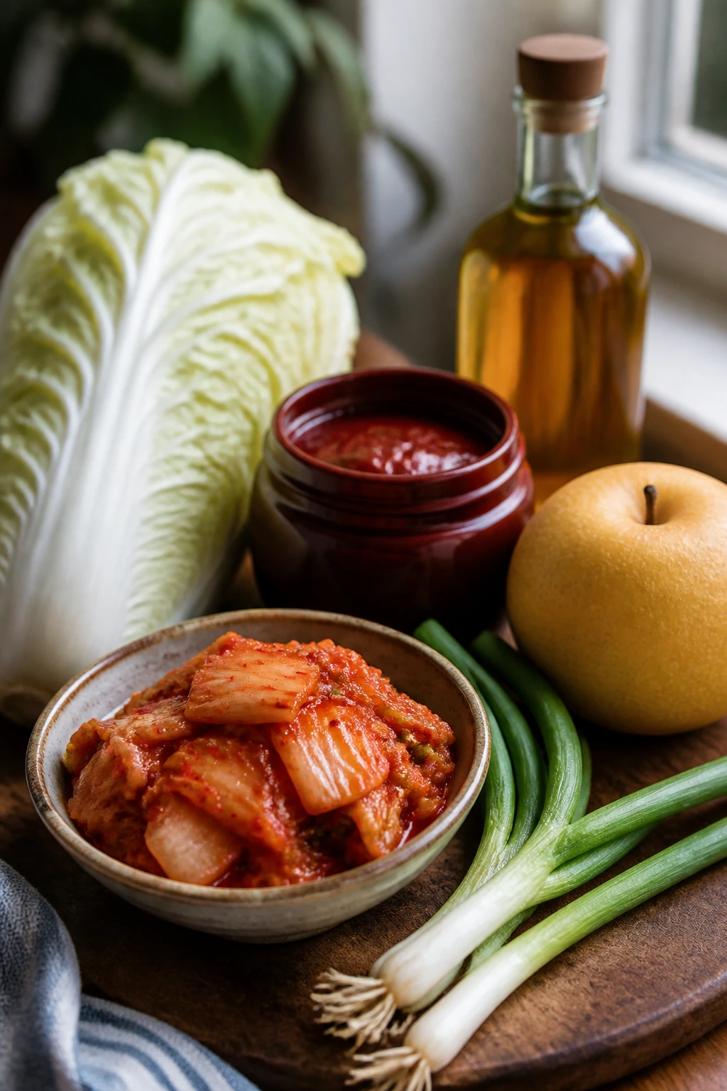 Fresh ingredients and condiments for Korean BBQ meatballs on a board
