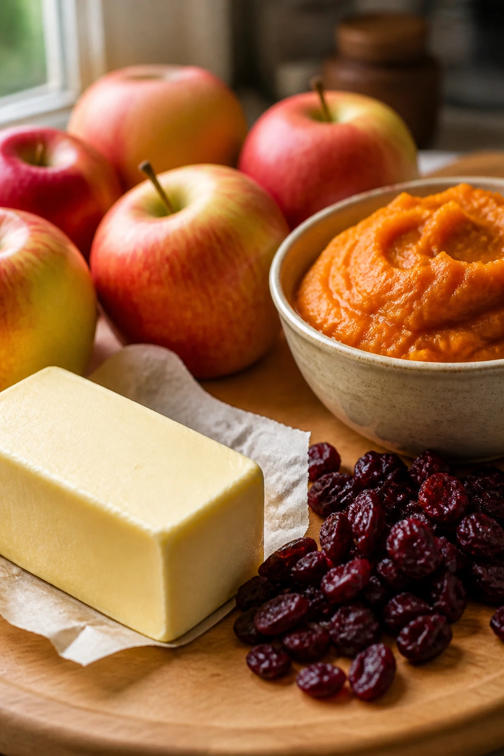 Fresh butter, apples, cranberries, and pumpkin puree on a wooden board