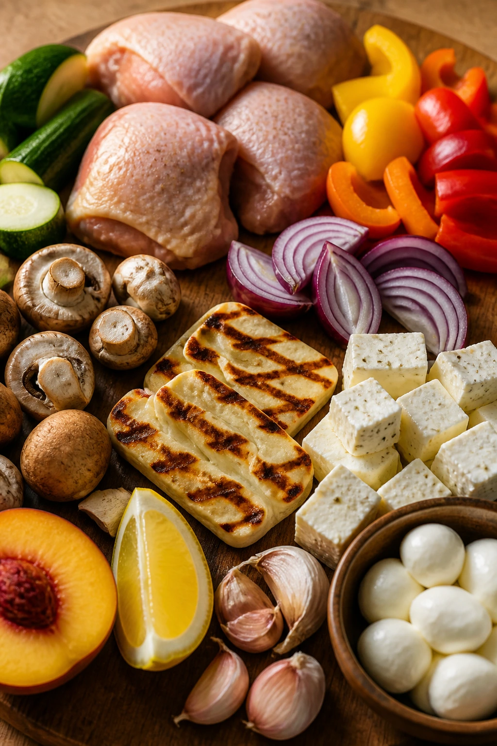 Top-down view of fresh skewering ingredients laid out for shopping tips