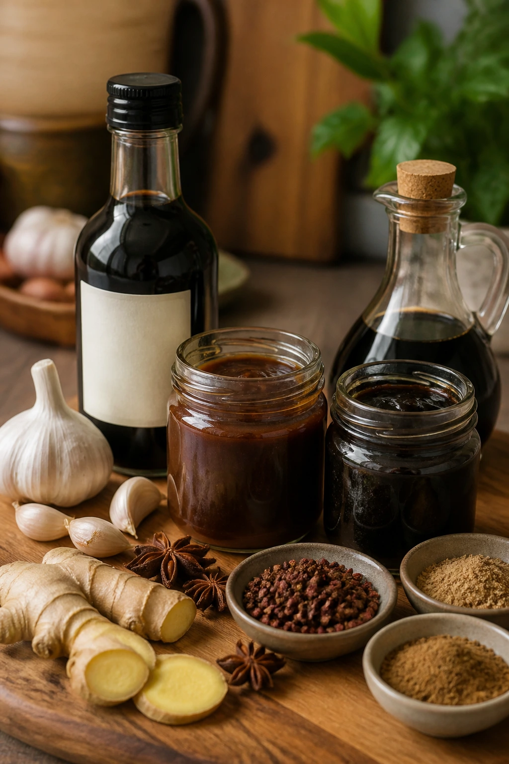 Ingredients arranged on cutting board: soy sauce, hoisin, oyster sauces, garlic, ginger, spices