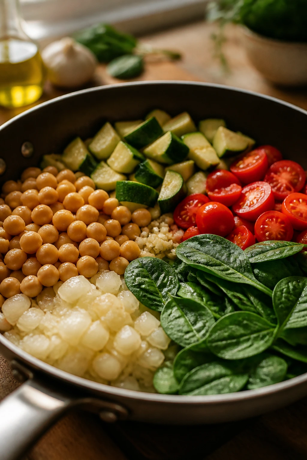 Close-up of skillet with chickpeas, onion, zucchini, tomatoes, and spinach in a warm kitchen