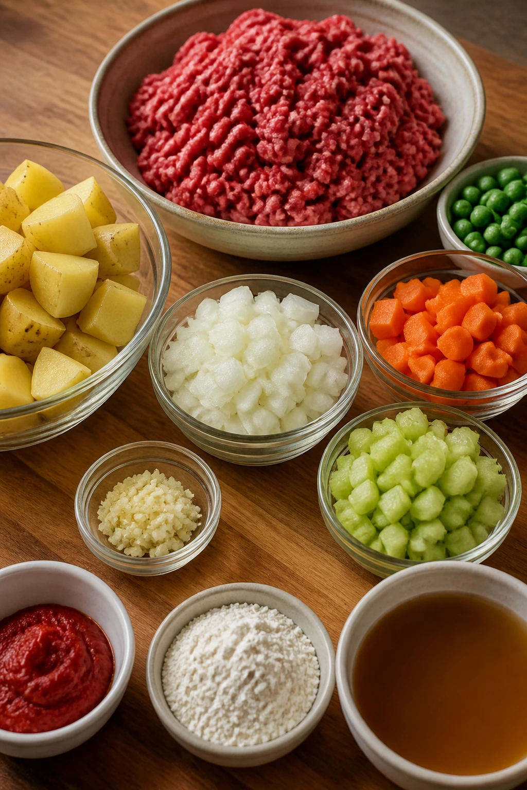 Raw ingredients for skillet on wooden counter