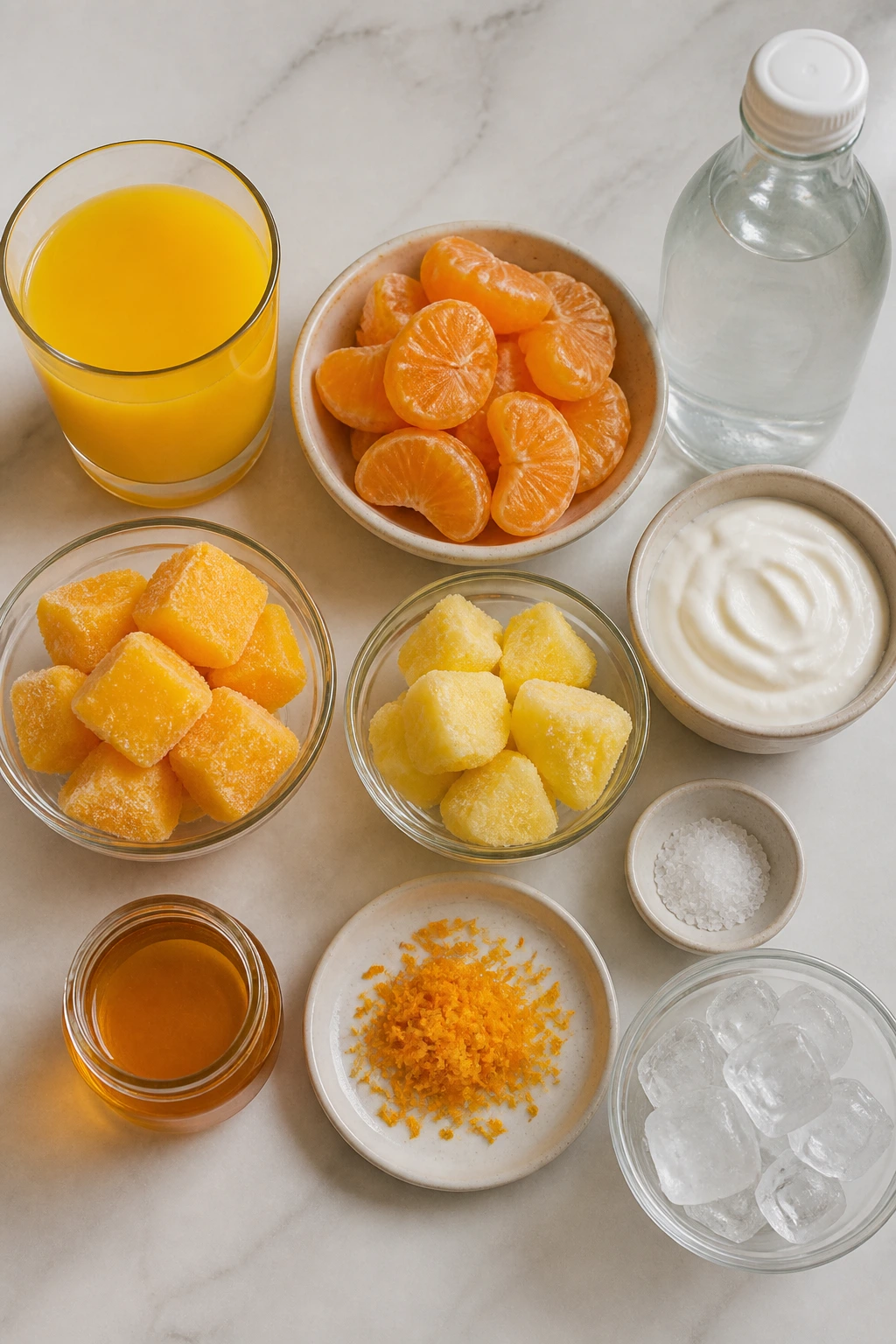 Overhead still life of smoothie ingredients arranged on counter