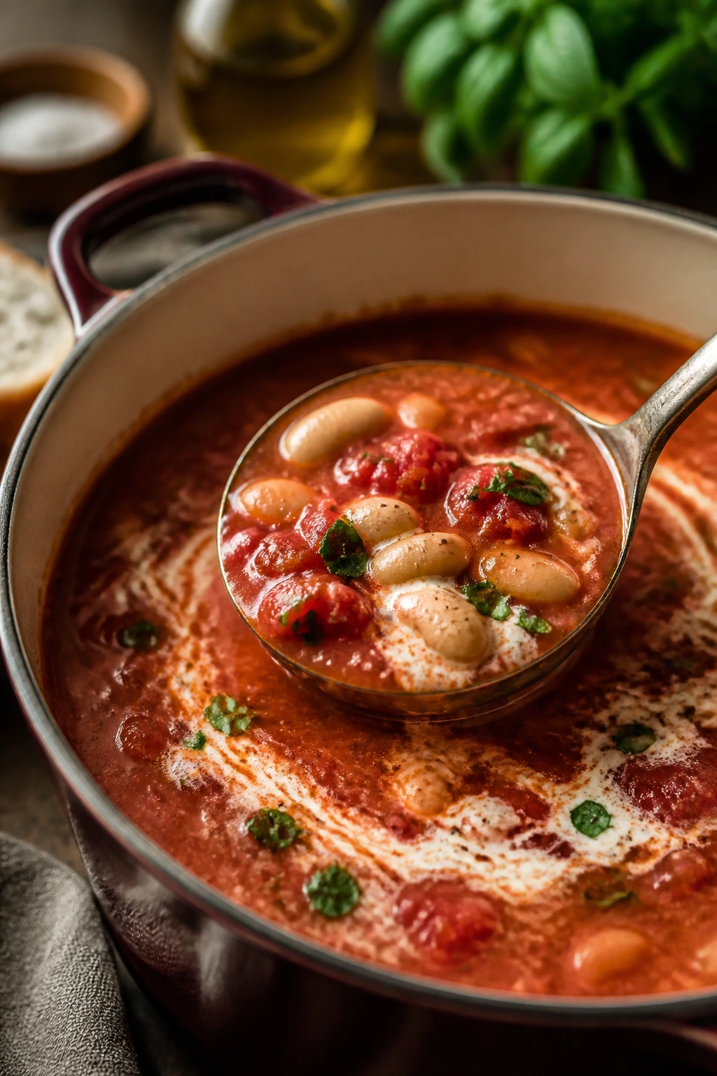 Spoonful of rich tomato soup with beans and herbs