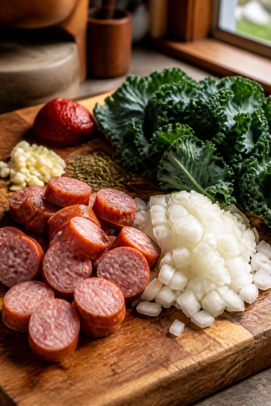 Close-up of key soup ingredients on a wooden board