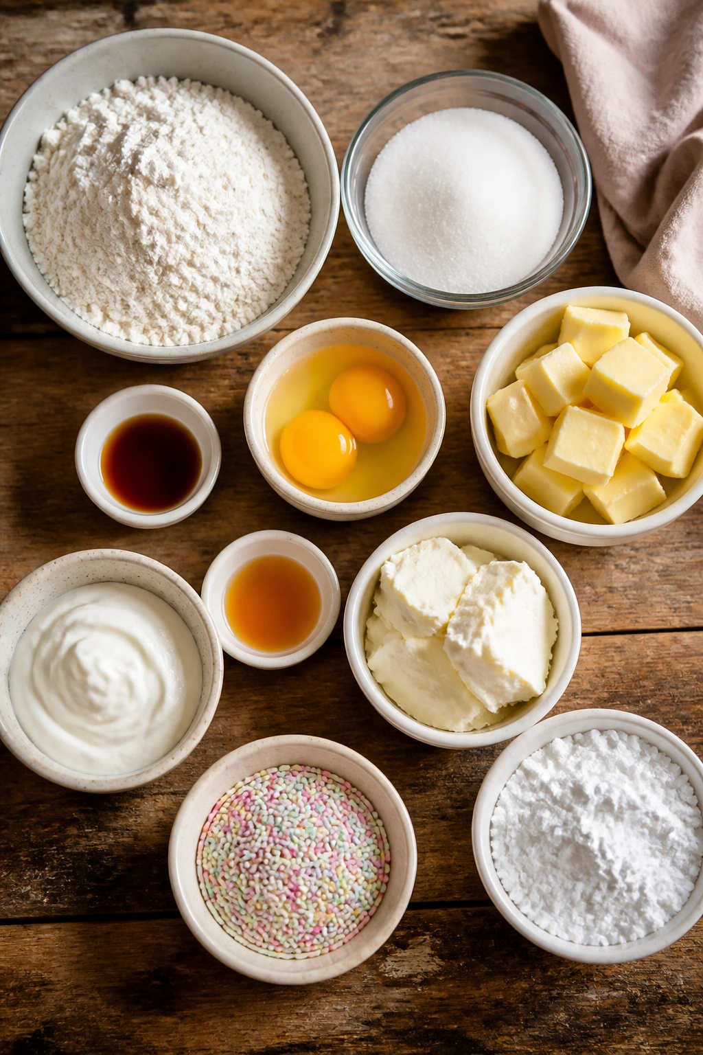 Overhead view of ingredients for soft bars and tangy frosting arranged in bowls on a rustic counter.