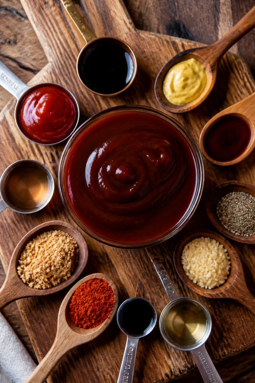 Central glossy bowl of sauce with small spoons of ingredients on a wooden board