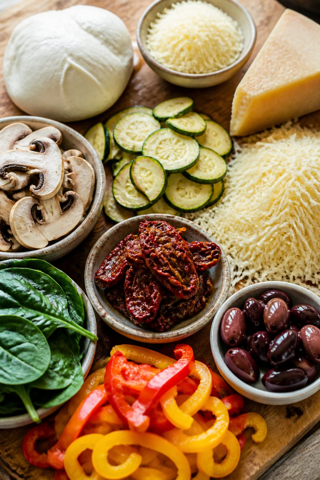 Top-down view of fresh cheeses and vegetables for pizza toppings