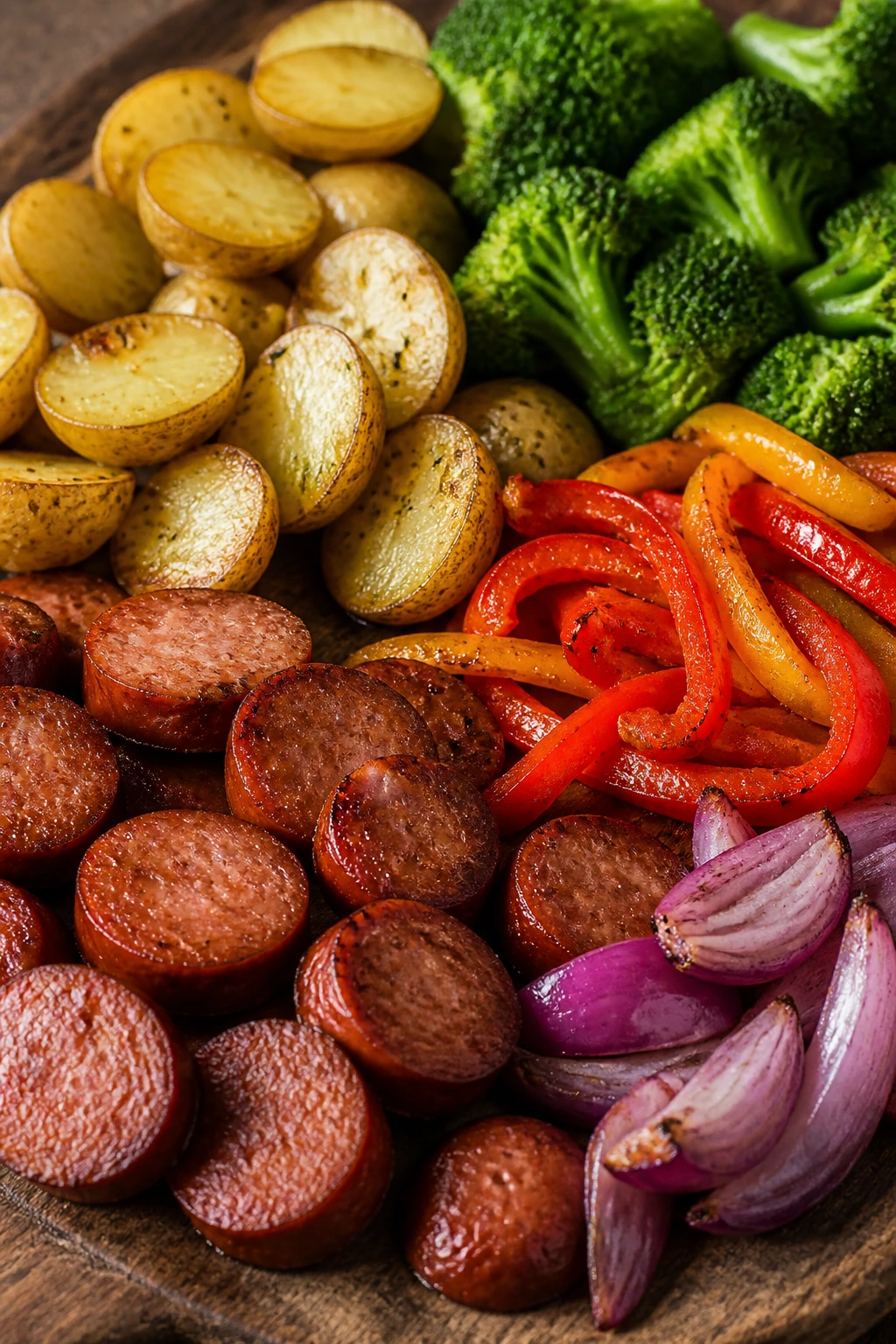 Ingredients laid out on a wooden board showing texture and color