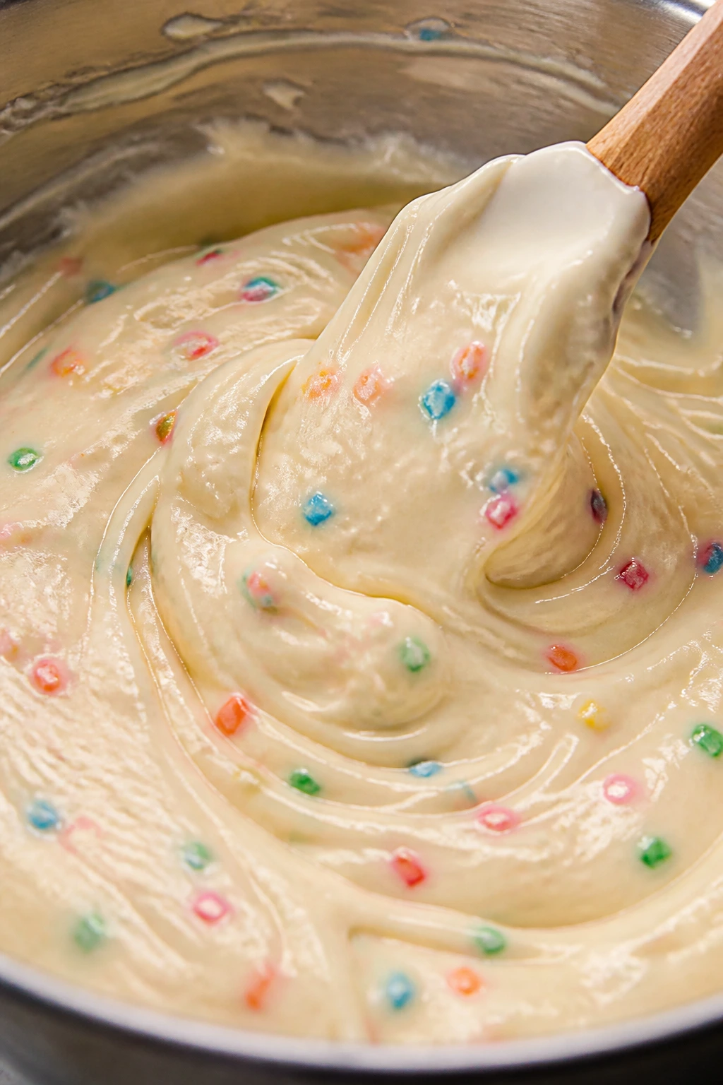 Close-up of glossy batter in bowl with spoon