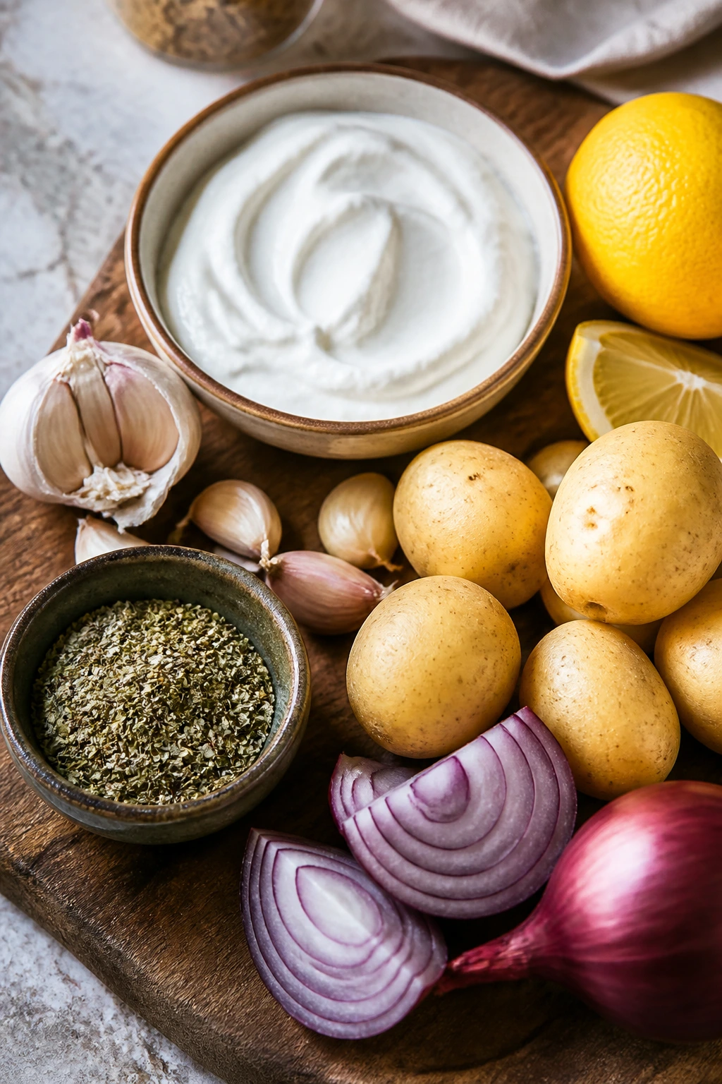 Overhead view of yogurt, garlic, lemon, oregano, potatoes, and onion arranged on wood