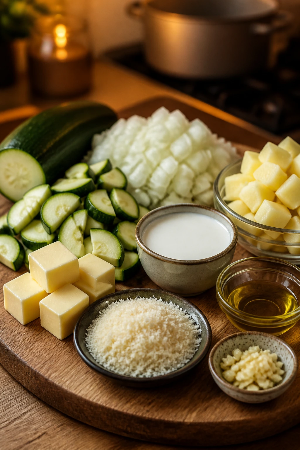 Raw ingredients for creamy zucchini soup arranged on a cutting board