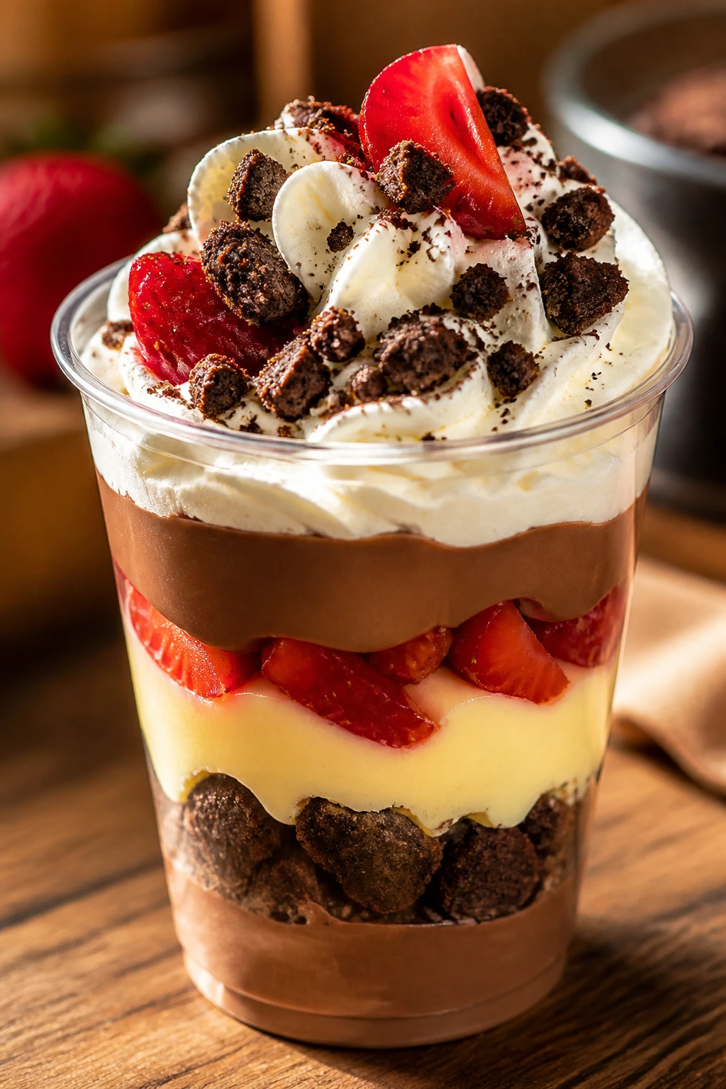 Layered instant pudding parfait in a clear cup on a countertop.
