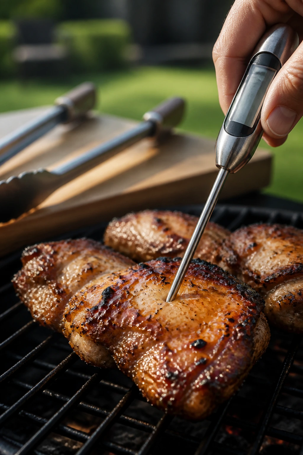Close-up of an instant-read thermometer in grilled chicken on a hot grill