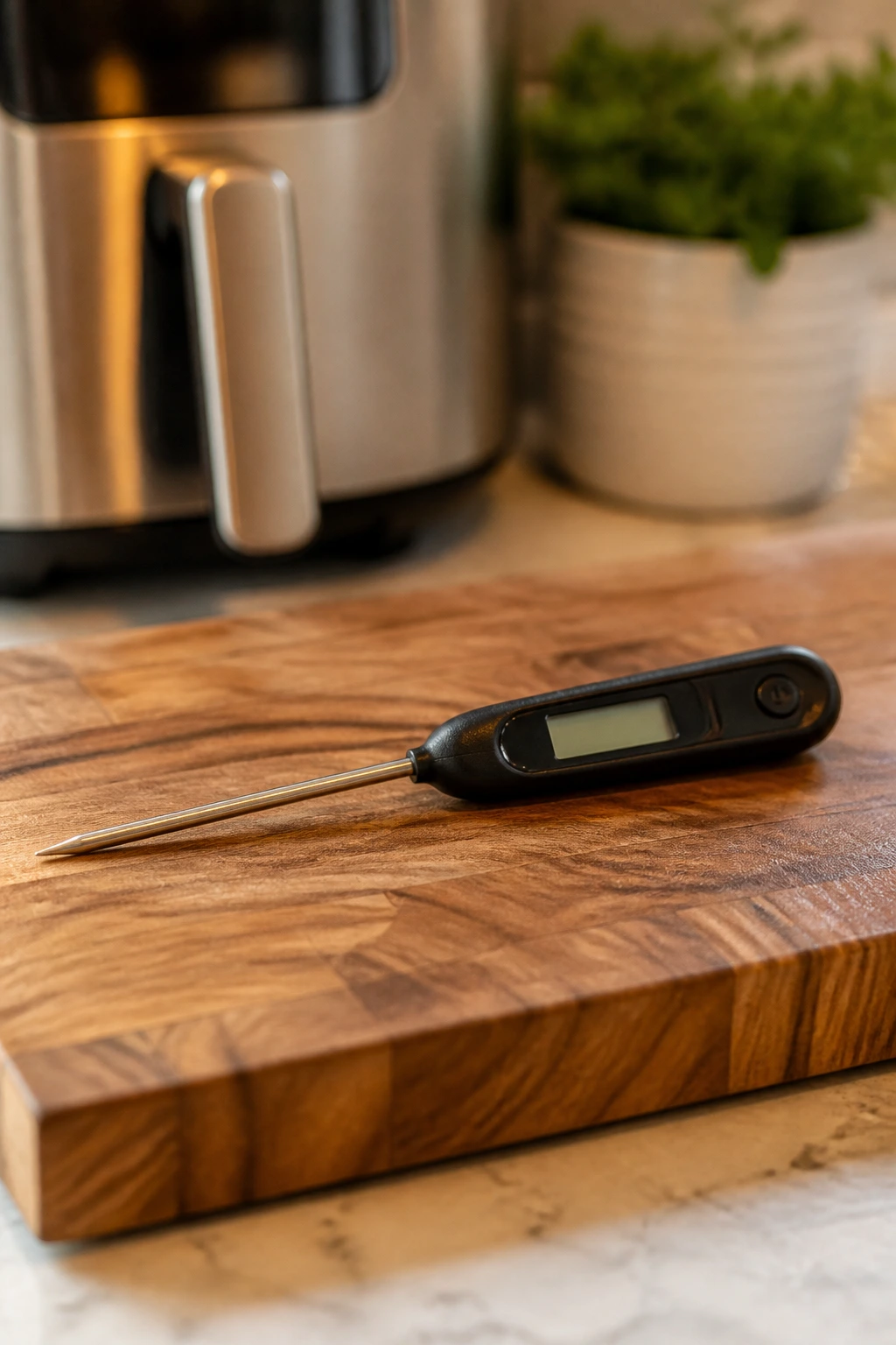Close-up of a digital instant-read thermometer on a cutting board