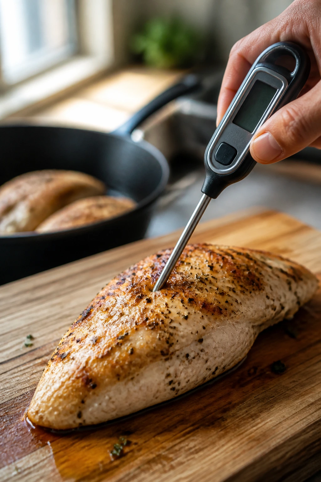 Instant-read thermometer in chicken breast on cutting board