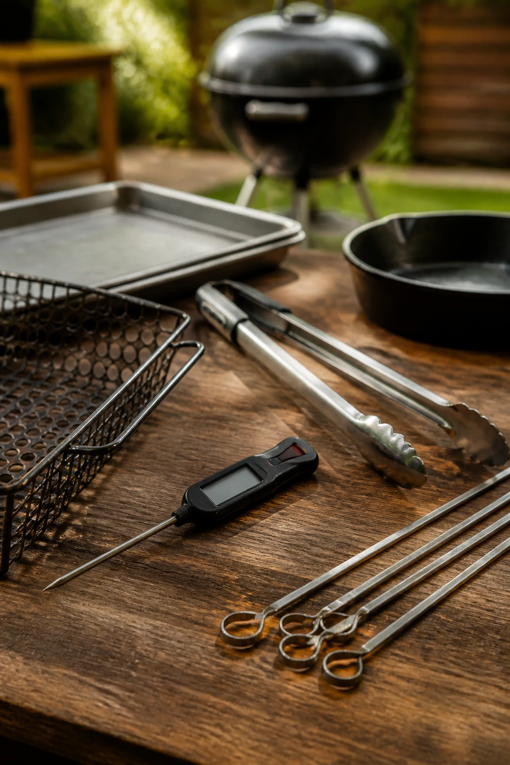 Close-up of essential grill tools including thermometer, tongs, and skillet.