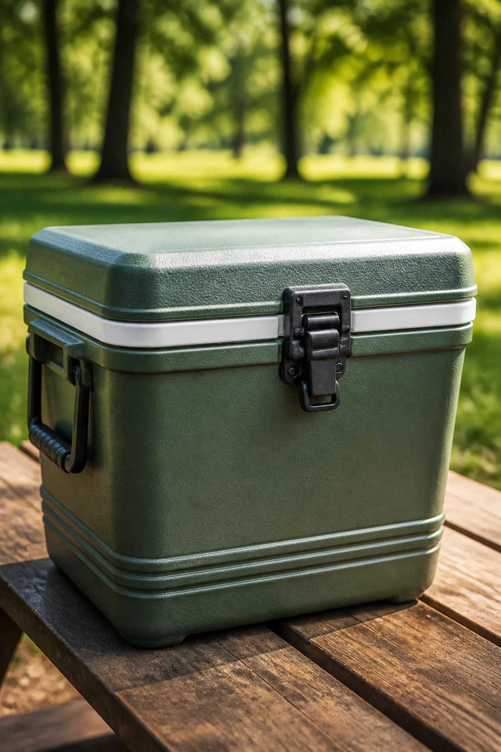 Insulated cooler on a rustic picnic table in a sunny park