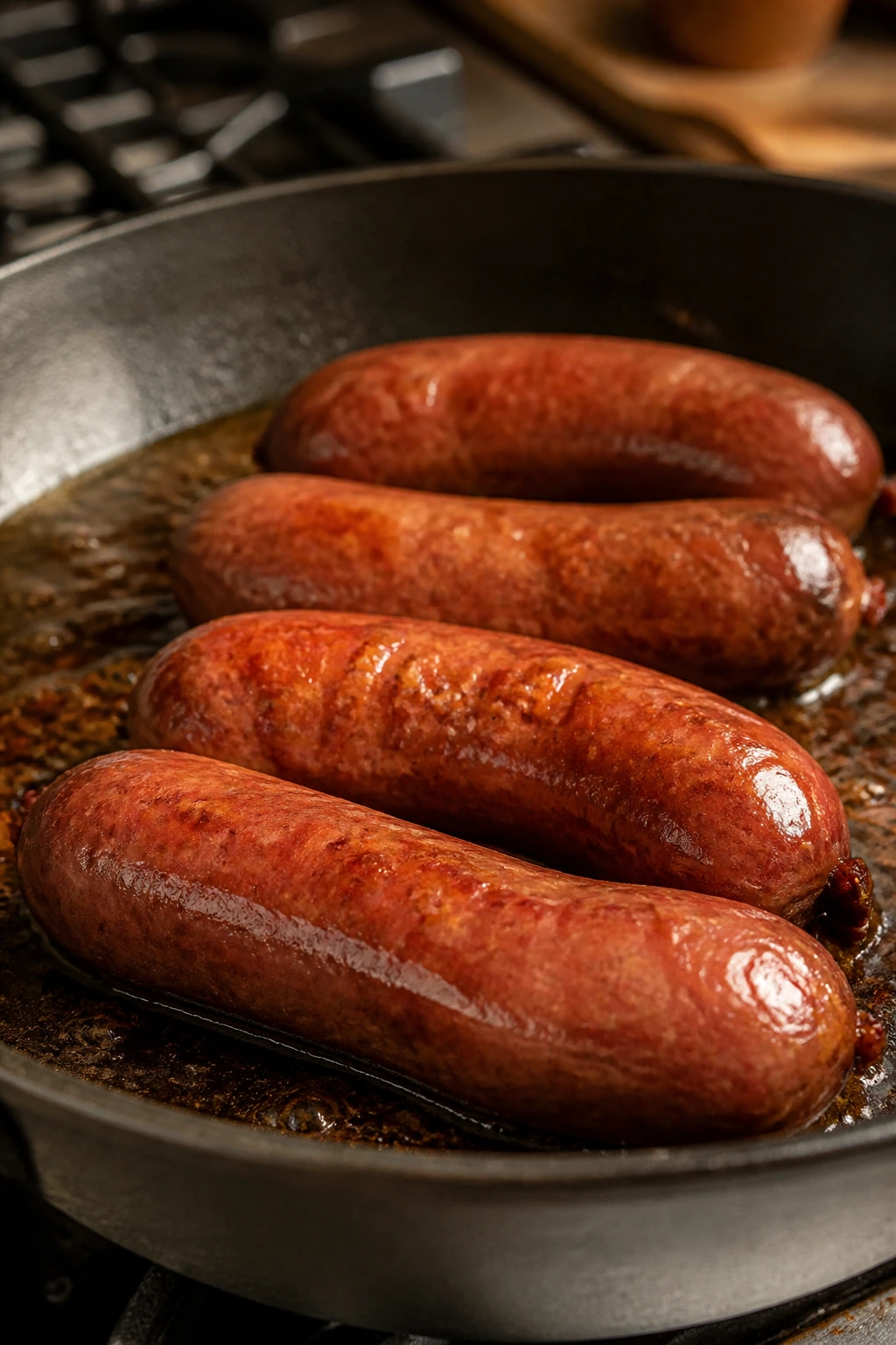 Whole smoked sausage links with intact casings browning in a pan