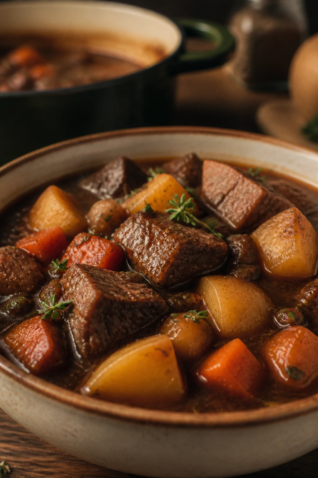 Close-up of Irish beef stew with beef chunks, potatoes and carrots in a thick broth