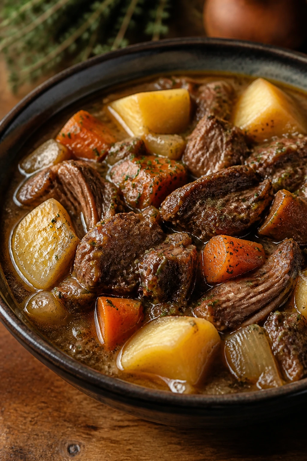 Close-up of Irish Lamb Stew in a rustic bowl with potatoes and carrots