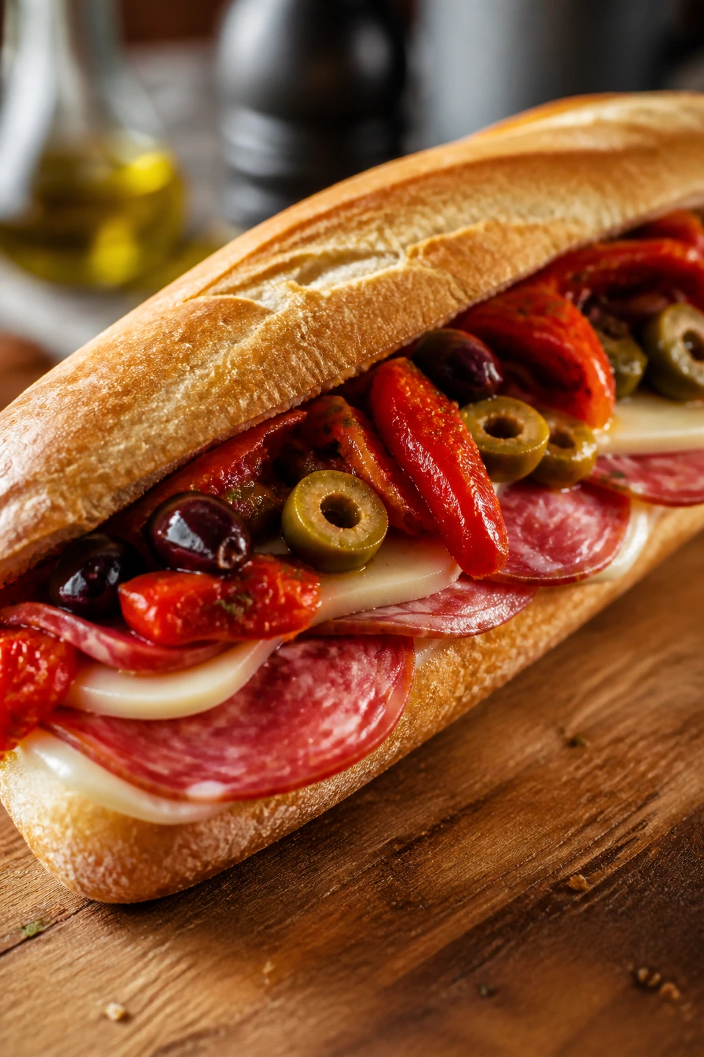Close-up of Italian antipasto sub sandwich with salami, provolone, peppers and olives on rustic cutting board