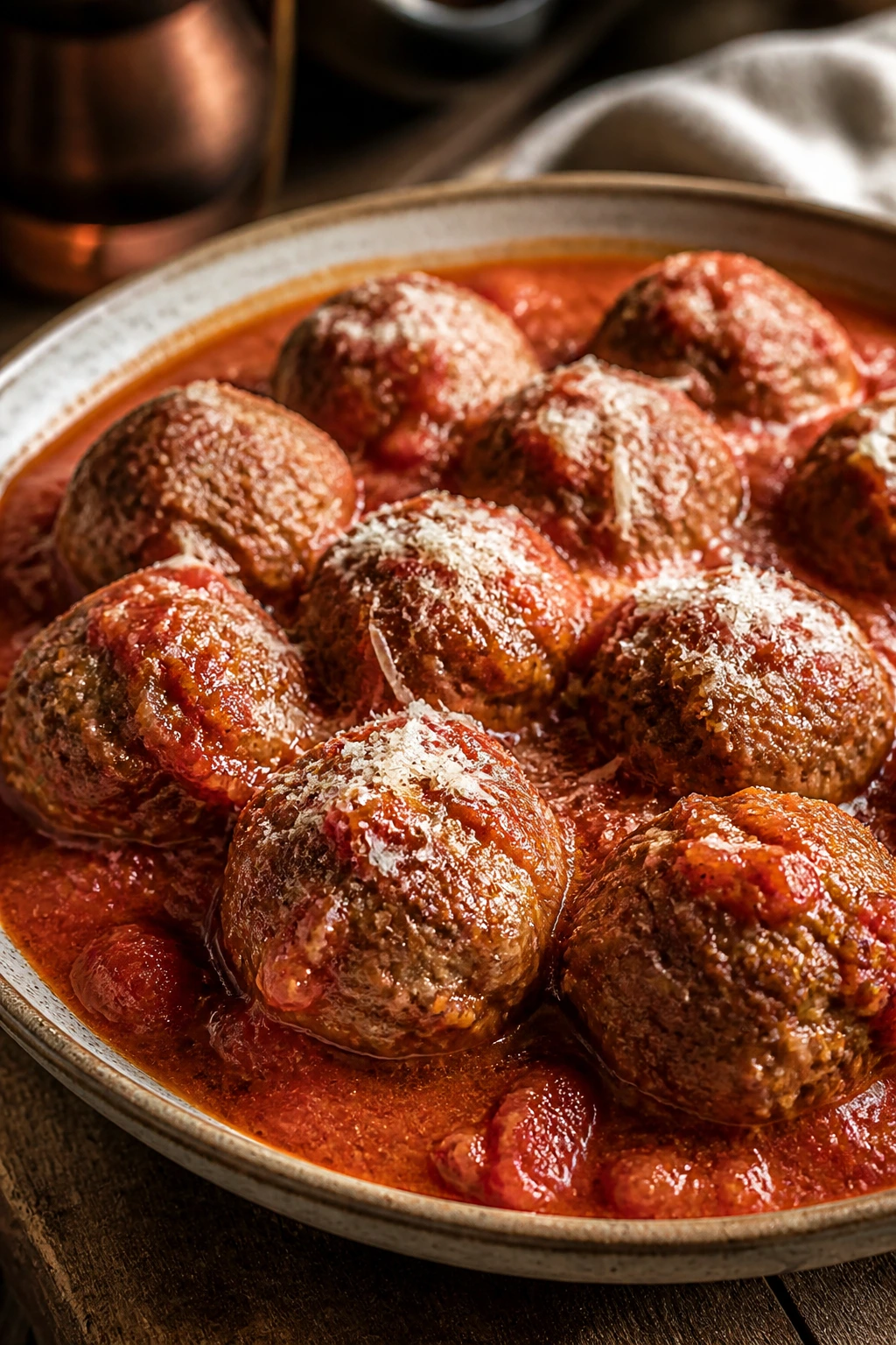 Classic Italian beef meatballs in marinara on plate with Parmesan, close-up.
