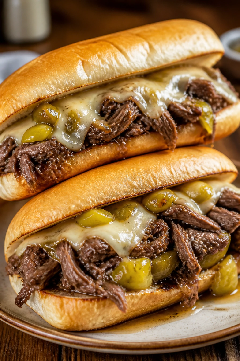 Close-up of Italian beef sandwiches with peppers and provolone