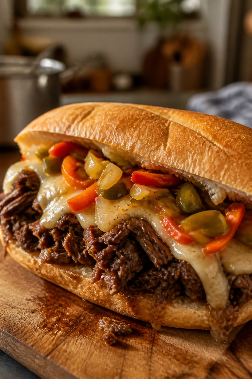 Close-up of Italian beef sandwich with giardiniera and provolone on crusty roll