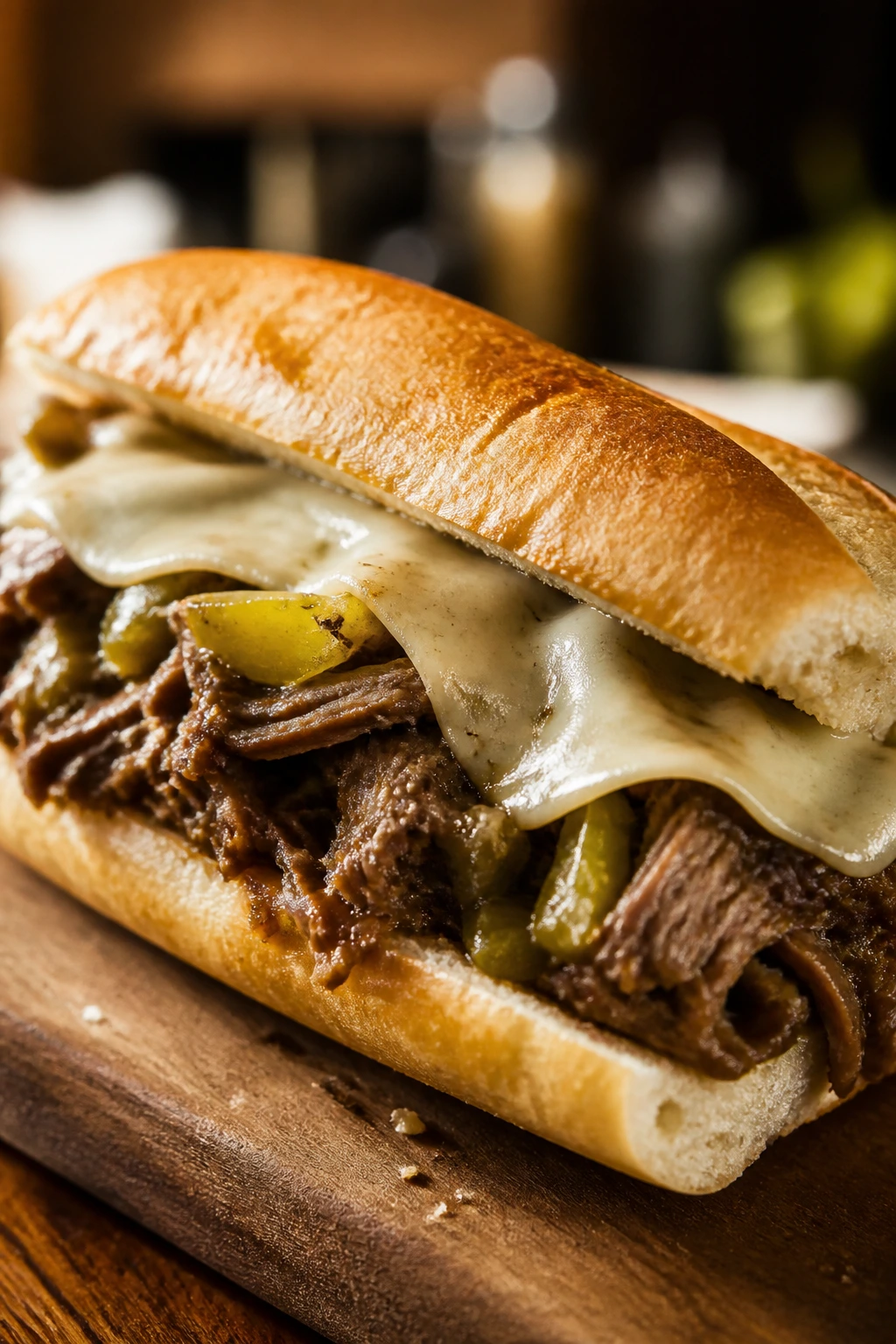 Close-up of Italian Beef Sandwich with Provolone on a toasted hoagie
