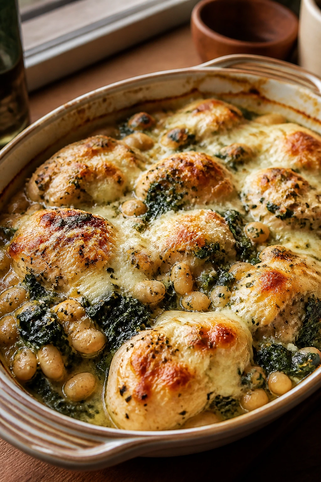 Close-up of Chicken with Spinach and Cannellini Bake in a rustic dish with beans and cheese.