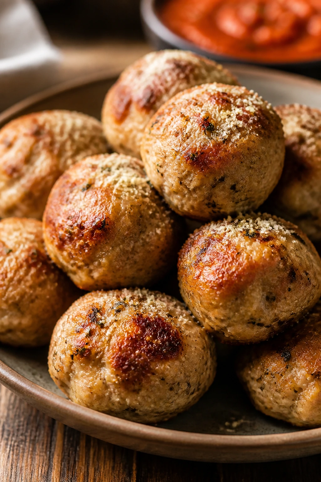 Italian chicken meatballs with parmesan on rustic plate