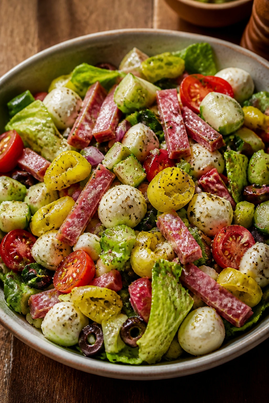 Italian chopped salad with salami mozzarella pepperoncini