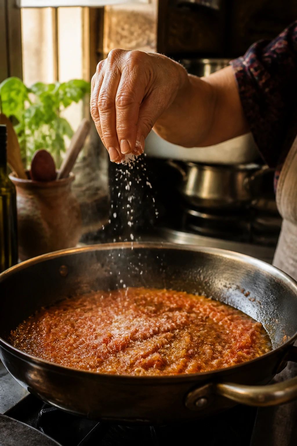 Close-up of hands seasoning soffritto in a rustic Italian kitchen