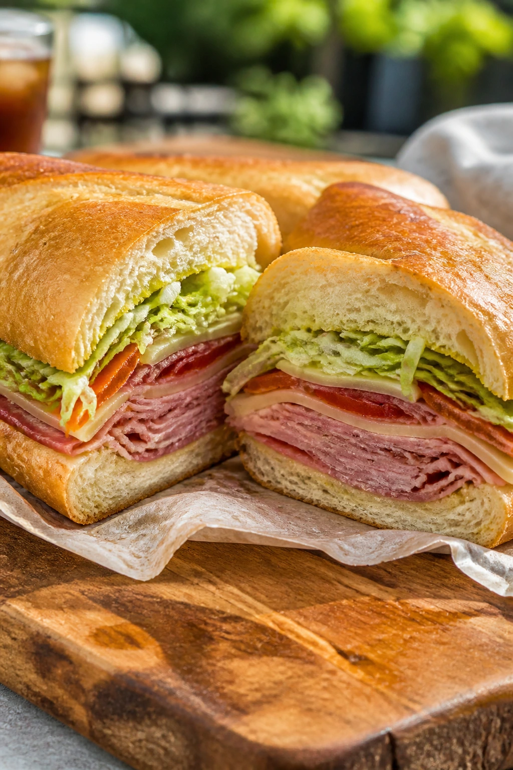Close-up of Italian Deli Grinder sandwich on a wooden cutting board with visible meats, cheese, and peppers.