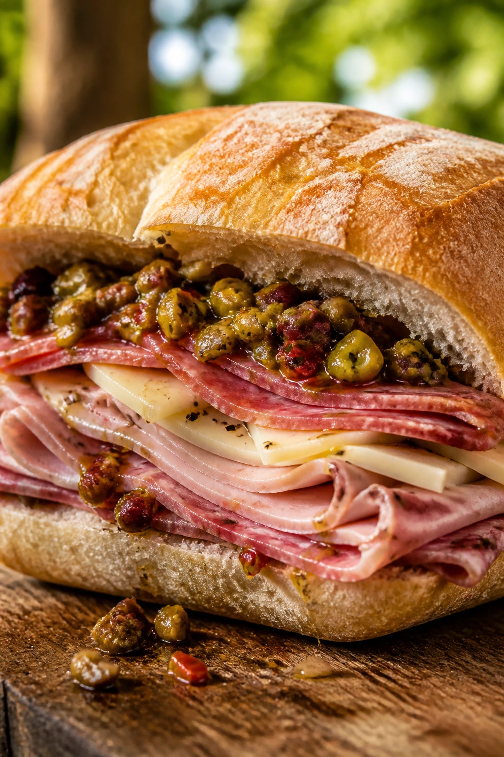 Italian deli sandwich with olive relish cross-section