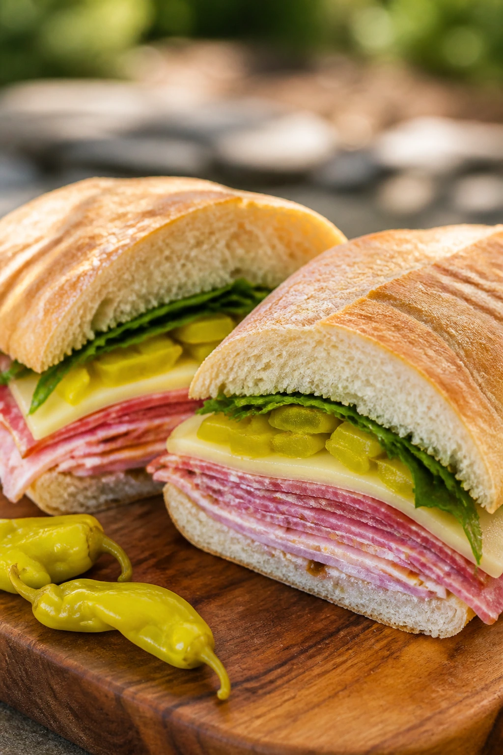 Cross-section of Italian deli sandwich with pepperoncini